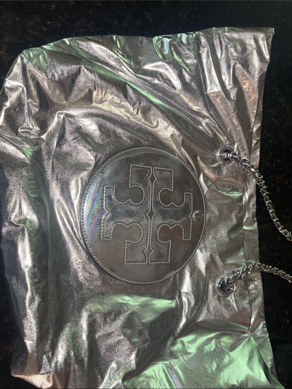 Tory Burch Iridescent Silver Round Logo Chain Tote